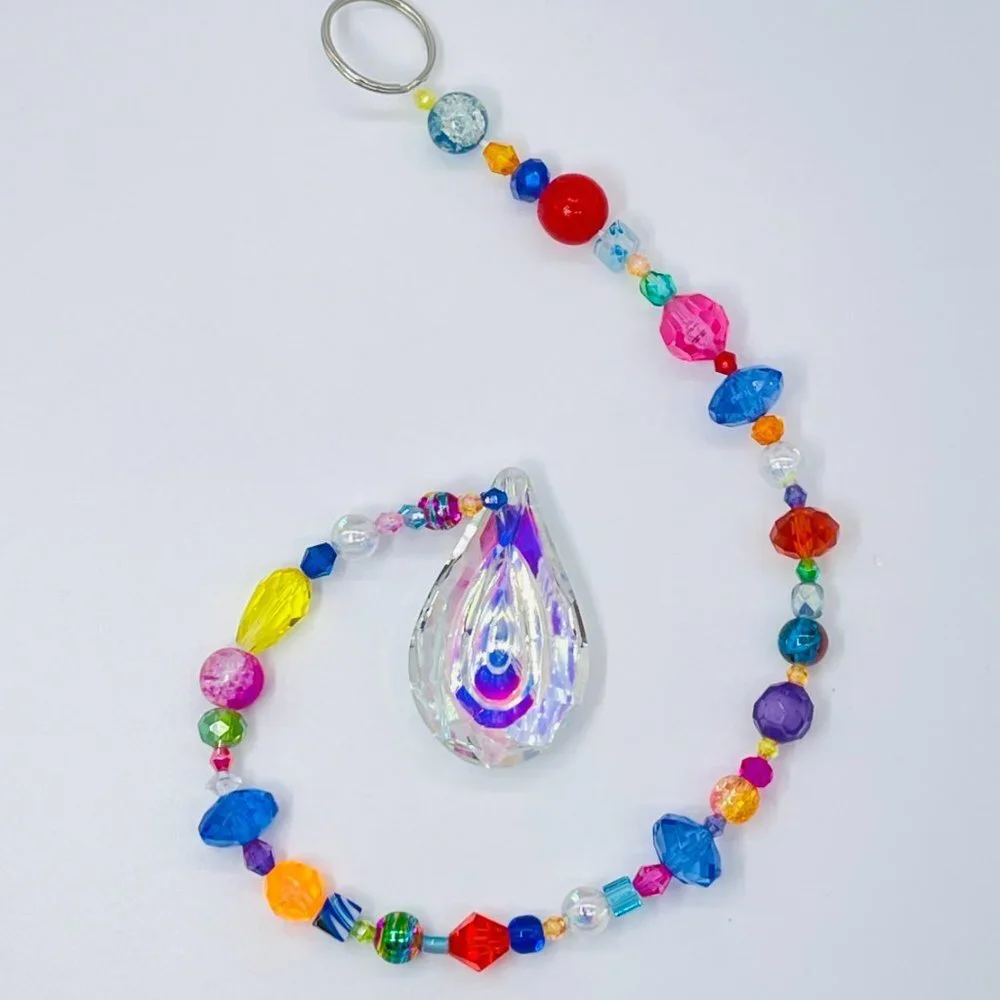Beaded Suncatcher -  Multicolored - Clear Crystal Prism - Hanging Decor